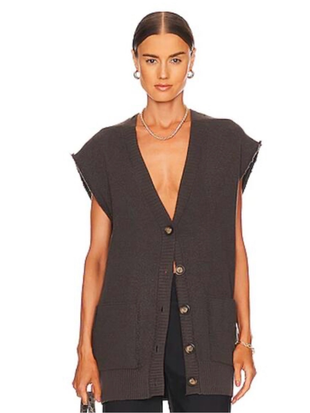 Free People Sleeveless Button-Front Knit Vest - Charcoal Brown